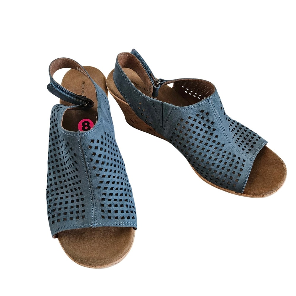Rockport Briah Perf Sling Wedge Sandals Blue Leather Laser Cut V83016 Womens 8W